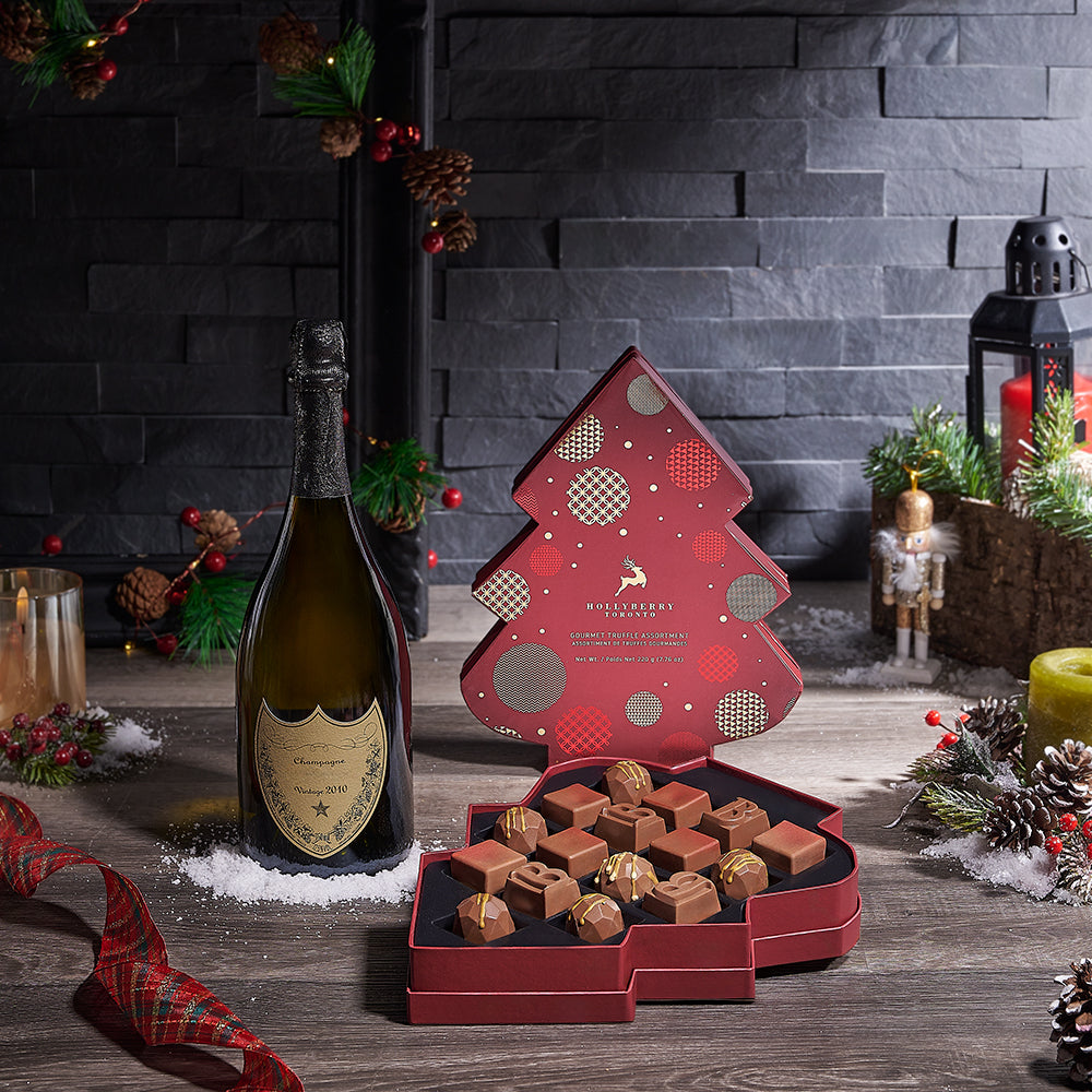 Champagne & Christmas Tree Chocolate Gift, champagne gift, champagne, sparkling wine gift, sparkling wine, chocolate gift, chocolate, christmas gift, christmas, holiday gift, holiday, USA delivery