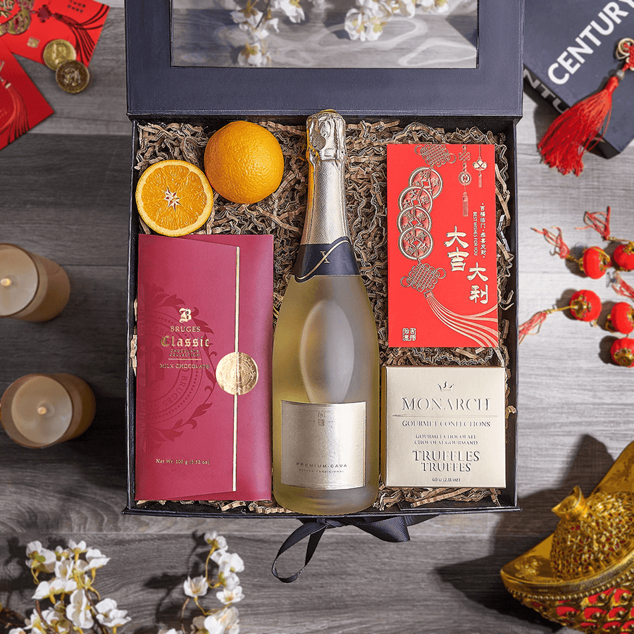 Champagne & Good Fortune Gift Box, champagne gift, champagne, sparkling wine gift, sparkling wine, chinese new year gift, chinese new year, lunar new year gift, lunar new year, USA delivery