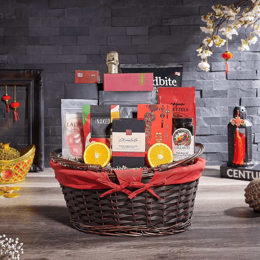 Chinese New Year Champagne Celebration Basket, champagne gift, champagne, sparkling wine gift, sparkling wine, chinese new year gift, chinese new year, lunar new year gift, lunar new year, USA delivery