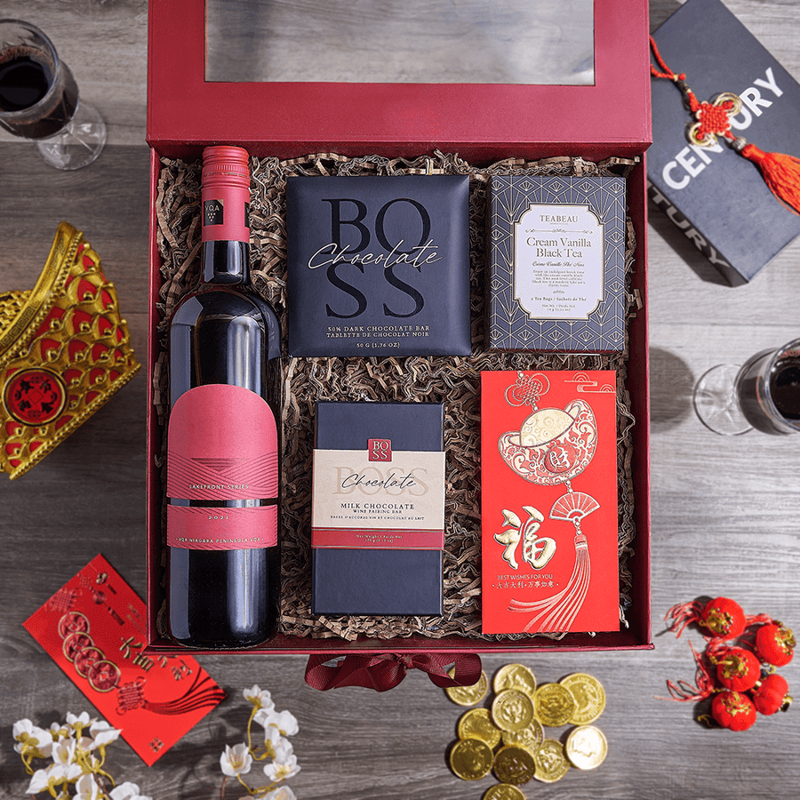 Chinese New Year Wine & Tea Box, chinese new year gift, chinese new year, lunar new year gift, lunar new year, wine gift, wine, USA delivery