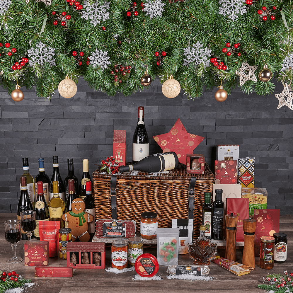 Full Christmas Wine &amp; Treat Basket, christmas gift, christmas, holiday gift, holiday, wine gift, wine, chocolate gift, chocolate, USA delivery
