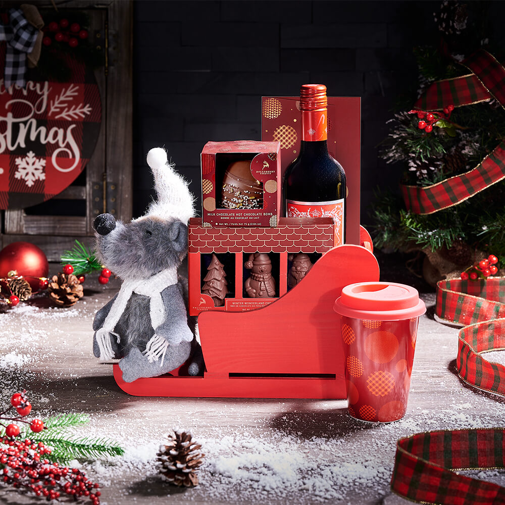Holiday Wine &amp; Plush Mouse Gift Sled, wine gift, wine, gourmet gift, gourmet, christmas gift, christmas, holiday gift, holiday