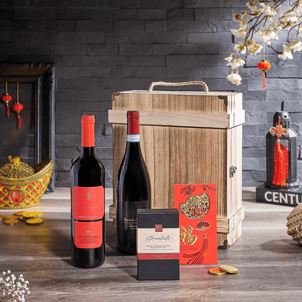 Lucky Wine Duo Gift Crate, wine gift, wine, chinese new year gift, chinese new year, lunar new year gift, lunar new year, USA delivery