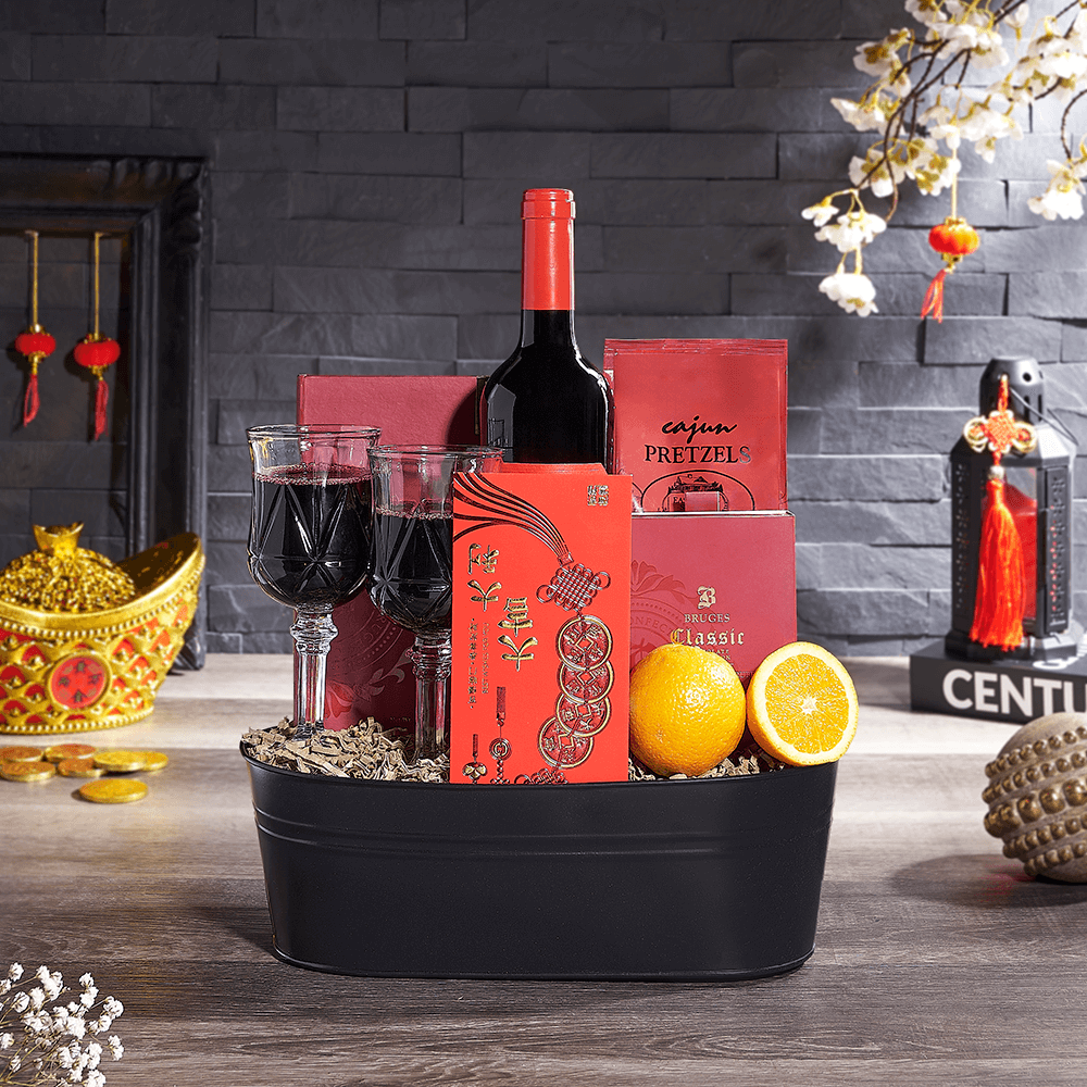 Lucky Wine & Treat Gift, chinese new year gift, chinese new year, lunar new year gift, lunar new year, wine gift, wine, USA delivery