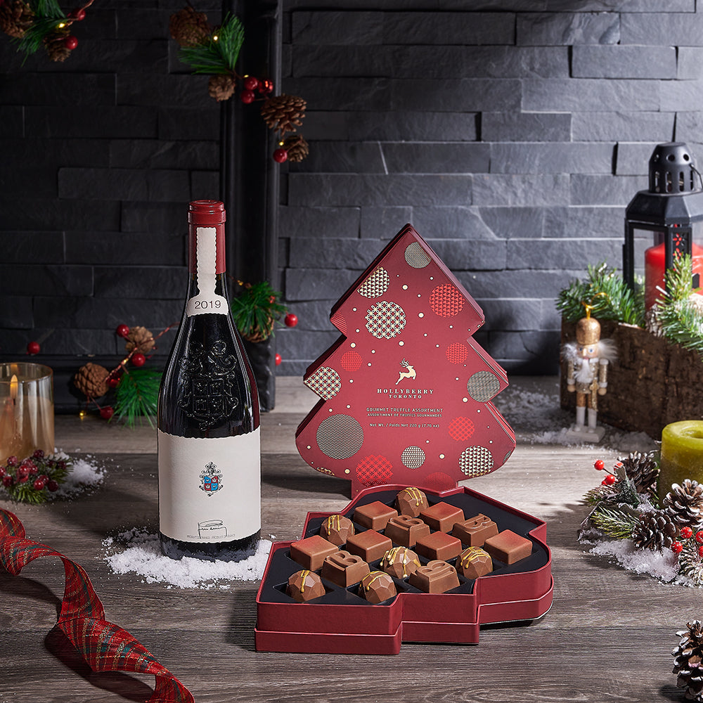 Wine &amp; Christmas Tree Chocolate Gift, wine gift, wine, chocolate gift, chocolate, holiday gift, holiday, christmas gift, christmas, USA delivery