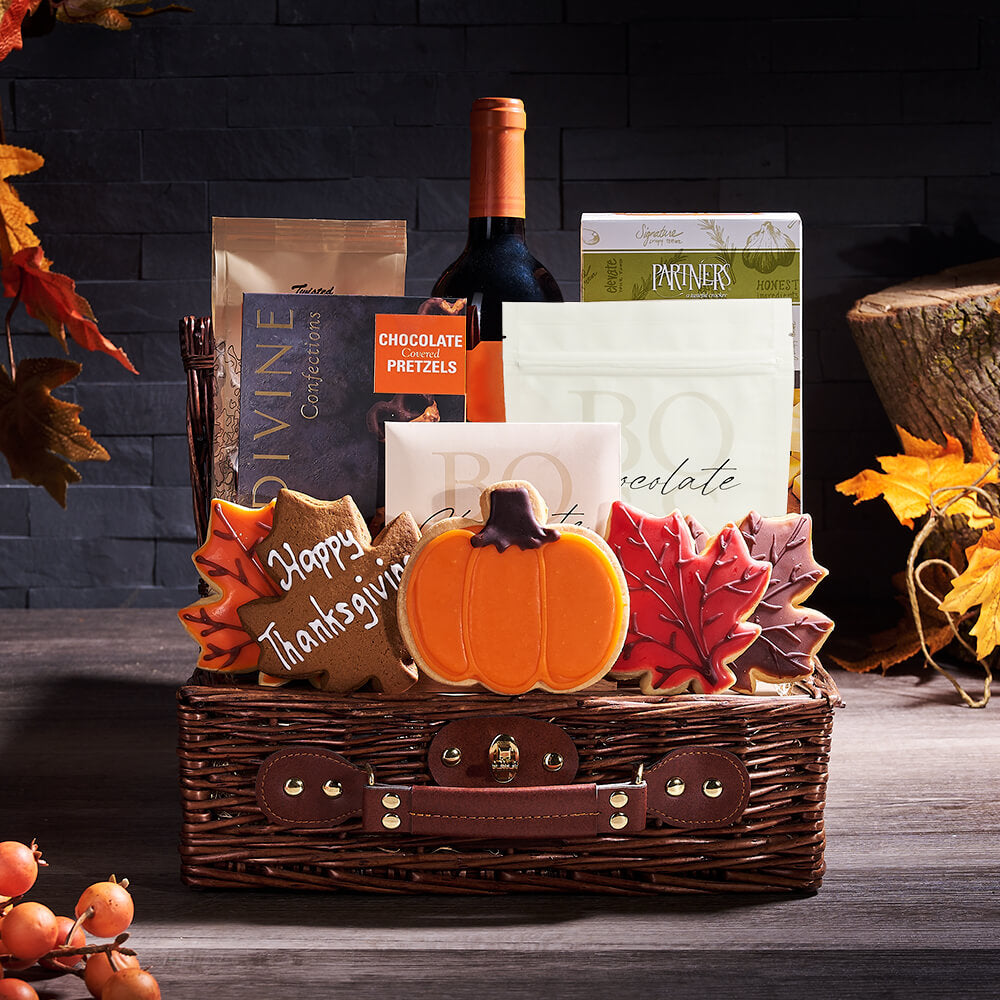 Wine &amp; Thanksgiving Snack Gift Basket, wine gift, wine, gourmet gift, gourmet, cookie gift, cookie, thanksgiving gift, thanksgiving, fall gift, fall