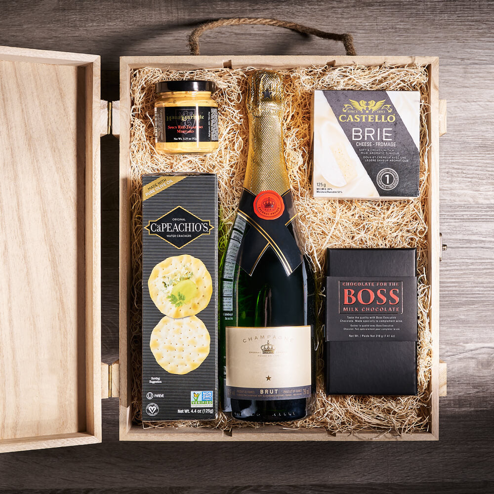 Champagne &amp; Cheese Gift Crate, gourmet gift, gourmet, sparkling wine gift, sparkling wine, champagne gift, champagne