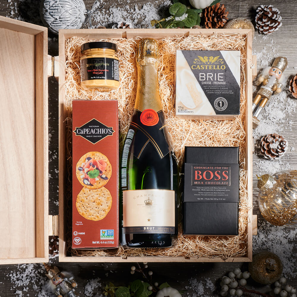 Christmas Champagne &amp; Snack Spread BroCrate, champagne gift, champagne, sparkling wine gift, sparkling wine, christmas gift, christmas, holiday gift, holiday