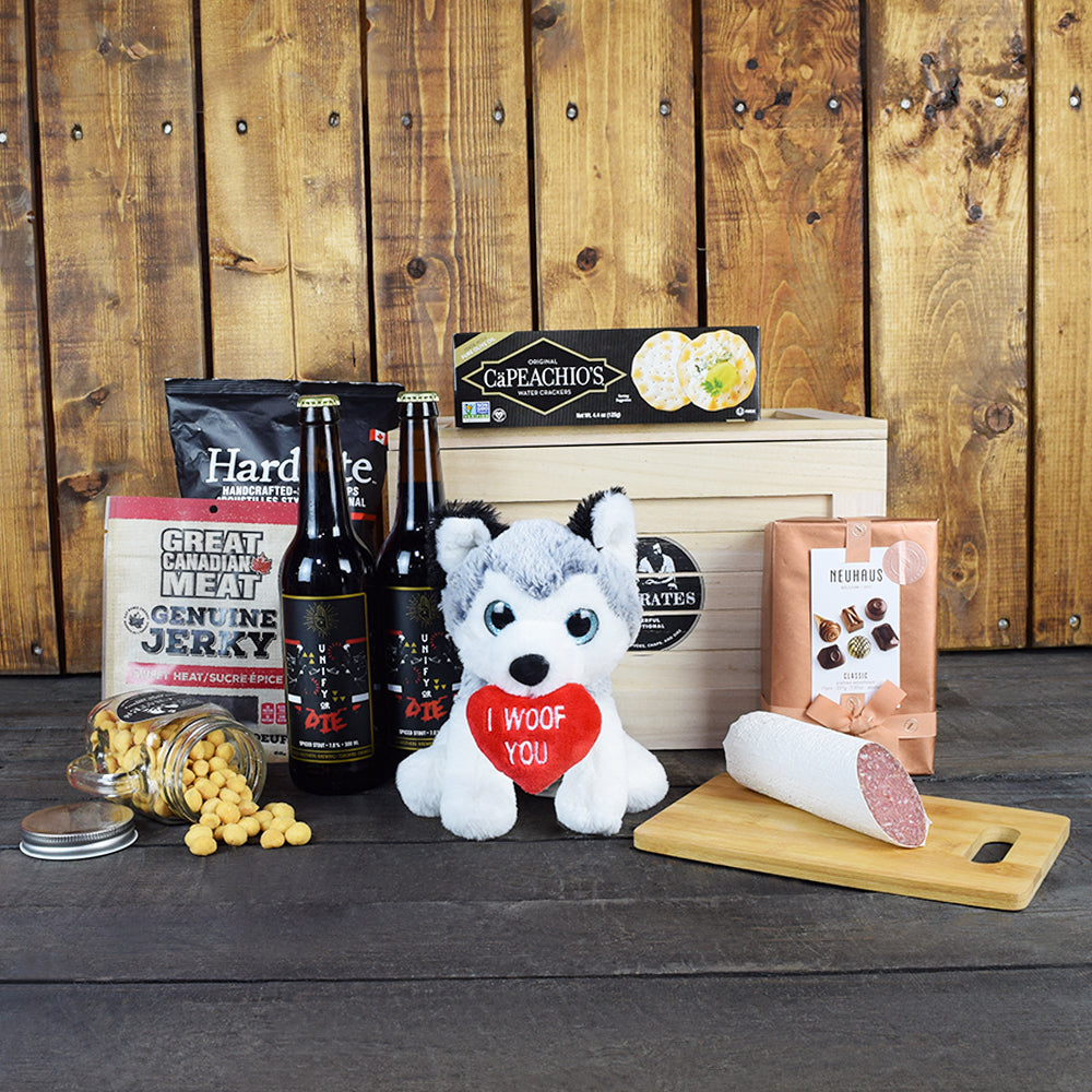 “I Woof You” Beer &amp; Snacks BroCrate, beer gift baskets, floral gift baskets, gourmet gift baskets, gift baskets, Valentine's Day gift baskets