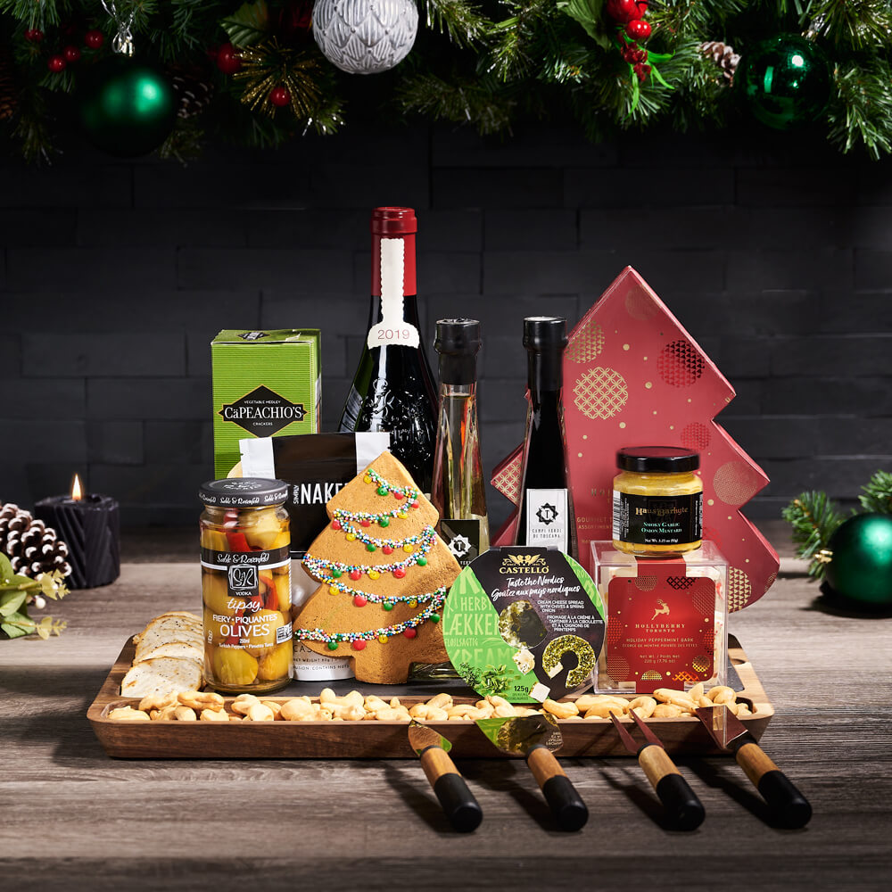 Holiday Appetizer Wine &amp; Snack Board, christmas gift, christmas, holiday gift, holiday, wine gift, wine, gourmet gift, gourmet, cheeseboard gift, cheeseboard