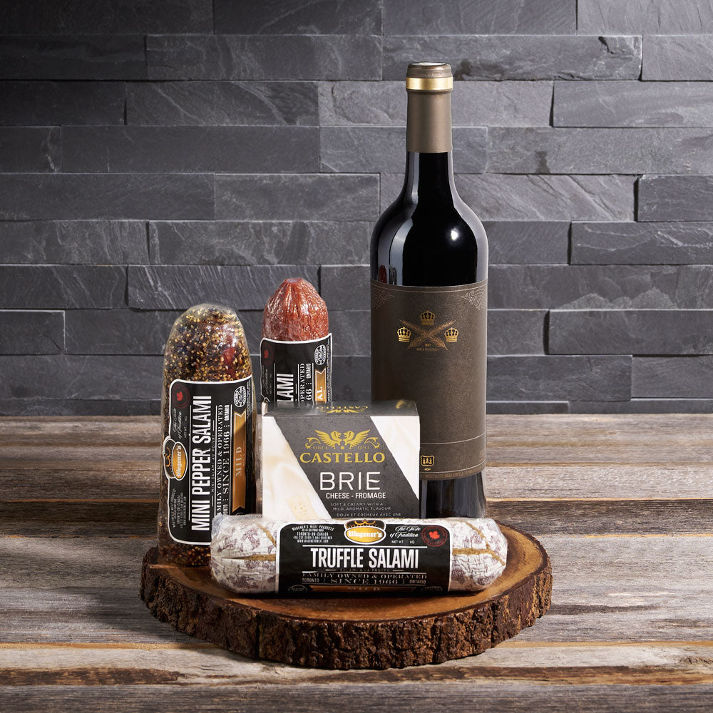 Salami Smorgasbord with Wine, wine gift baskets, gourmet gifts, gifts, wine, salami, cheese, US Delivery