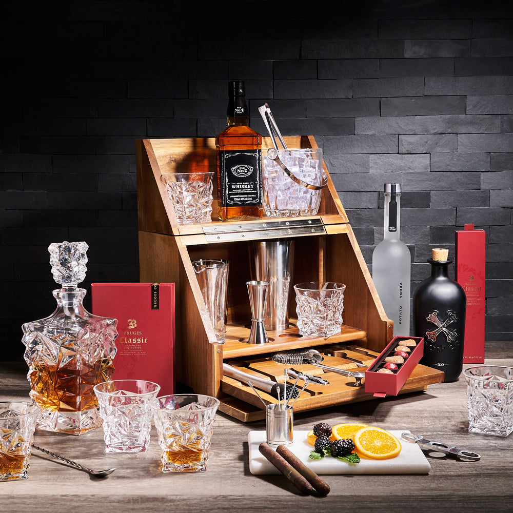 Luxury Mixed Drink &amp; Bar Set, liquor gift, liquor, liquor gift basket, bar gift, barkeeper gift, chocolate gift, chocolate, luxury gift basket, luxury gift