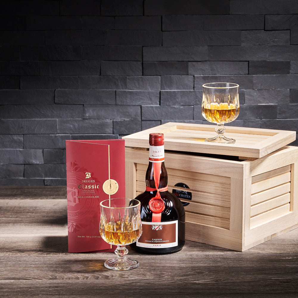 Custom corporate gift crate with alcohol and snacks