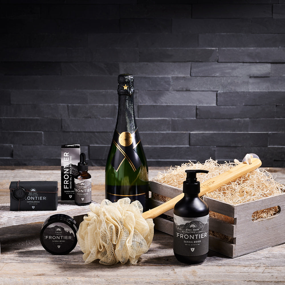 Complete Sandalwood Relaxation Crate, sparkling wine gift, grooming gift, sandalwood spa gift