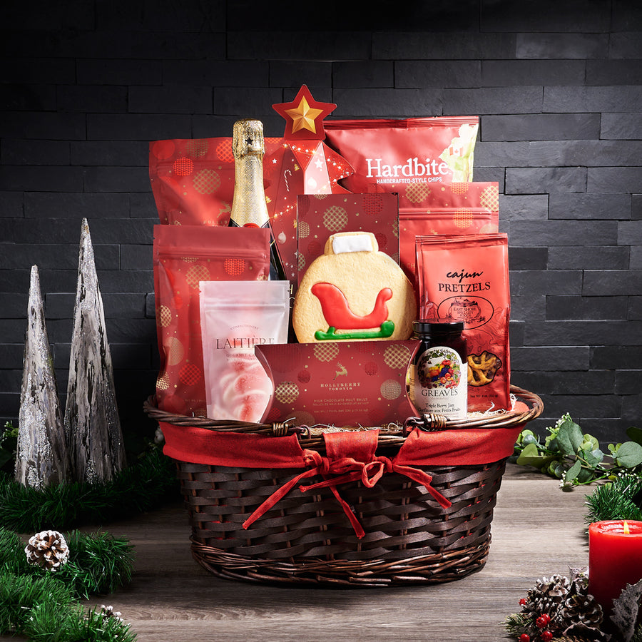 Holly Jolly Champagne Gift Basket, popcorn,  beet chips,  jam,  pretzels,  candy,  Chocolate,  cookies,  Champagne Gift Basket,  Champagne,  Sparkling Wine,  christmas gift basket delivery, delivery christmas gift basket, champagne basket usa, us champagne basket