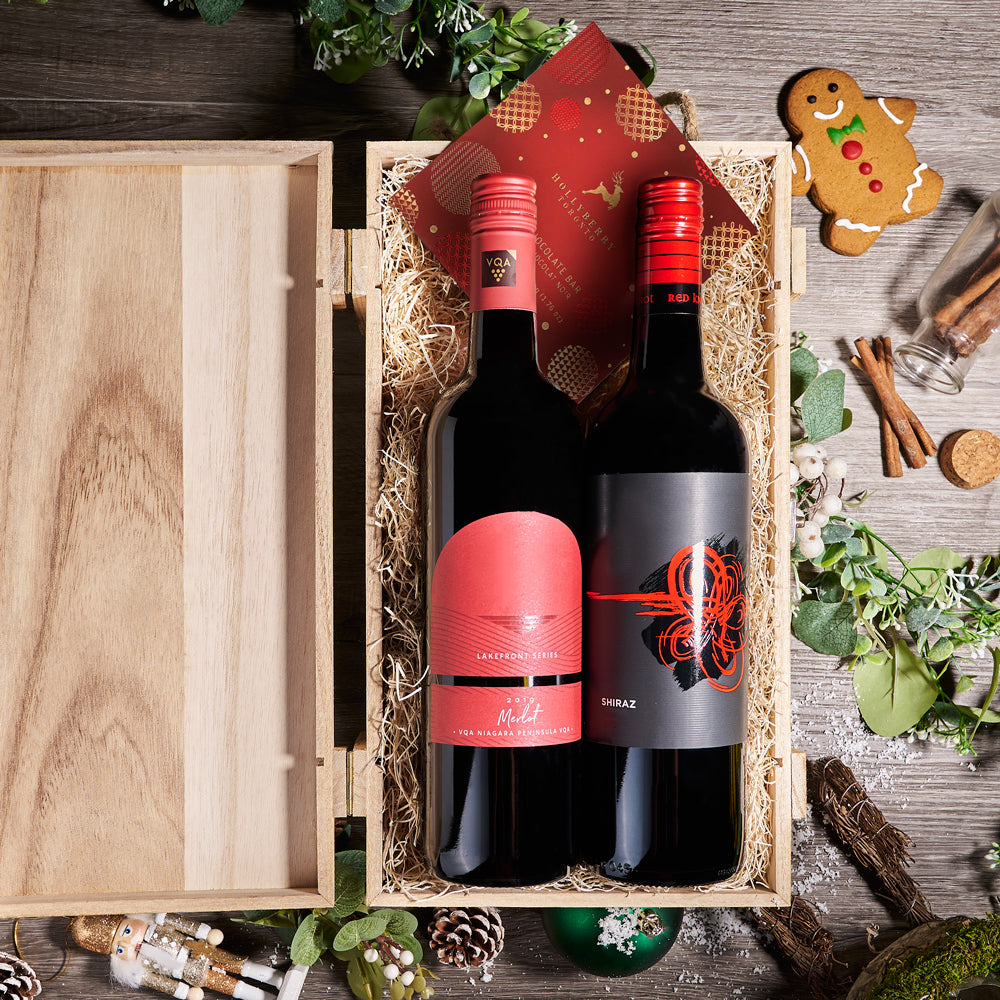 The Christmas Wine Duo Box, wine gift, wine, chocolate gift, chocolate, gourmet gift, gourmet, christmas gift, christmas, holiday gift, holiday