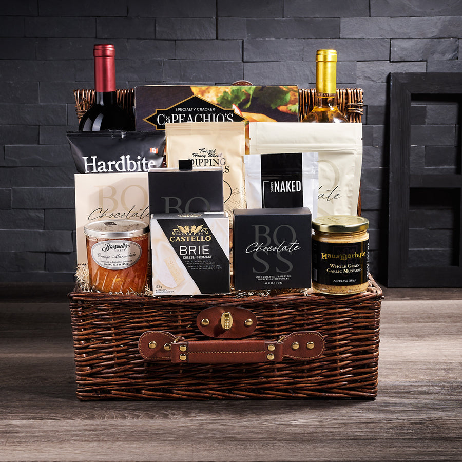 Gourmet Wine & Treat Picnic Basket, chocolate, wine, wine gift basket, gift basket, basket, gift, goodies, pretzel, popcorn, chips, shortbread, cookies, delivery, USA