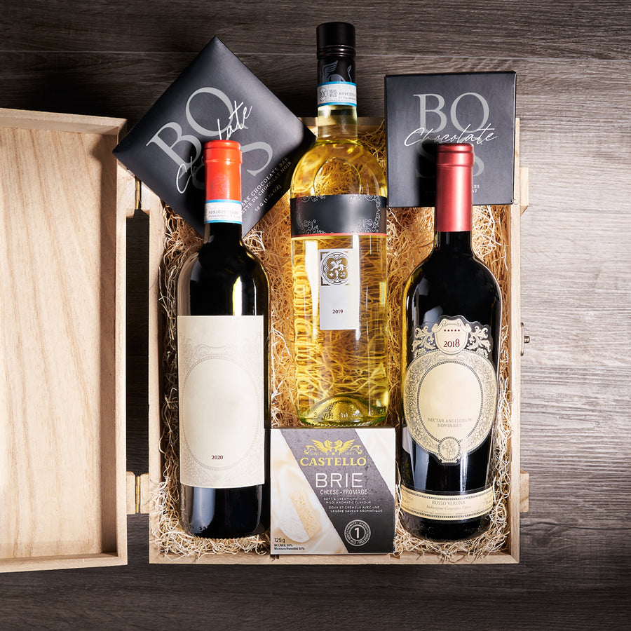 Trio Wine & Gourmet Gift Box, wine gift, wine, wine trio, three wine gift, chocolate, chocolate gift, cheese gift, cheese