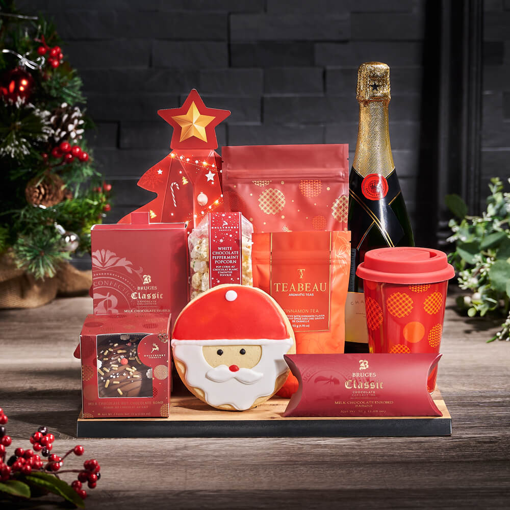 Warm Holiday Beverage &amp; Champagne Board, christmas gift, christmas, holiday gift, holiday, sparkling wine gift, sparkling wine, champagne gift, champagne, tea gift, tea, cookie gift, cookie