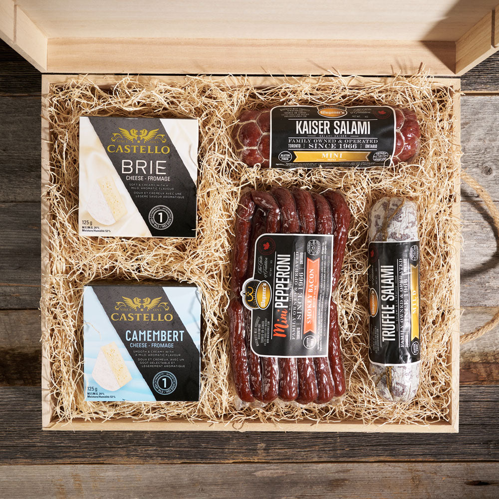 The Rustic Meat &amp; Cheese Bro Crate, gift baskets. Gourmet Gift Basket
